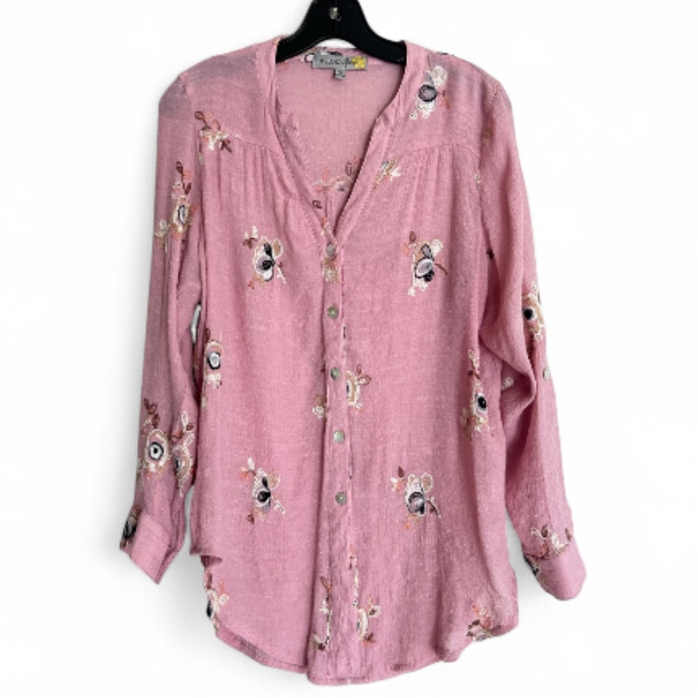 FIGUEROA & FLOWER Embroidered Button Blouse Top Office Boho Cottage Teacher Sz S